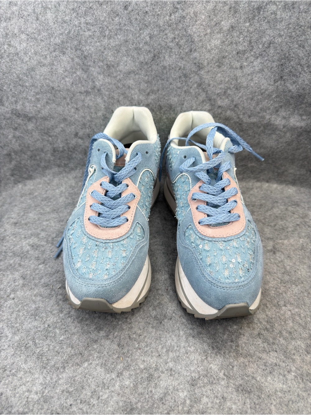 W6YZ Women’s Blue Sequin Star Sneakers Size 7.5 EU 38 Pink Iridescent